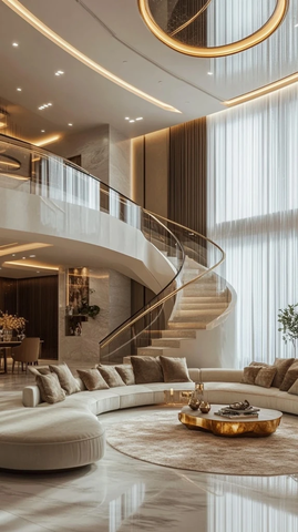 高天花板客厅与弧形楼梯