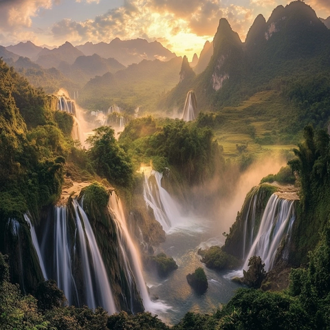 山间壮丽瀑布群自然风景全景