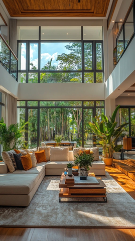 高天花大窗客厅木地板绿植