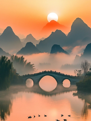 晨曦中云雾缭绕的山水桥景