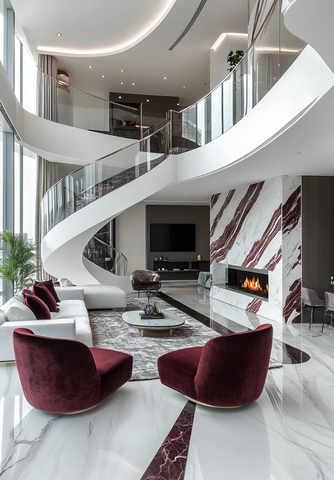 白色与酒红大理石客厅设计