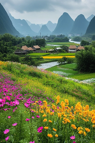 乡村田野风光多彩花海与山水相映成趣