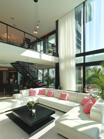 白色沙发黑色茶几玻璃窗