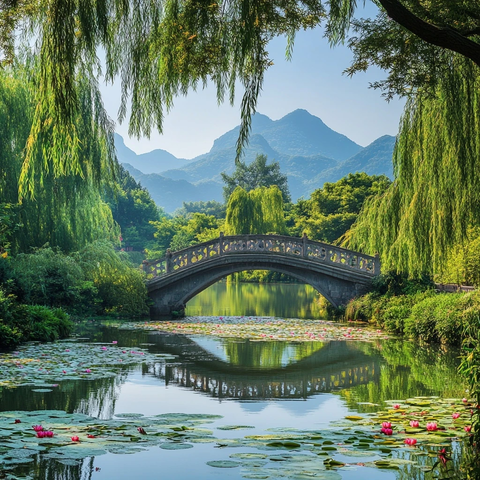 青山绿水间的石桥与荷塘美景