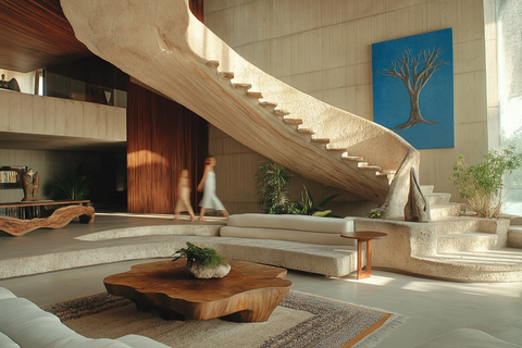 混凝土墙与木梯自然石家具