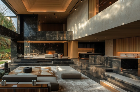 黑大理石墙木格栅天花灯