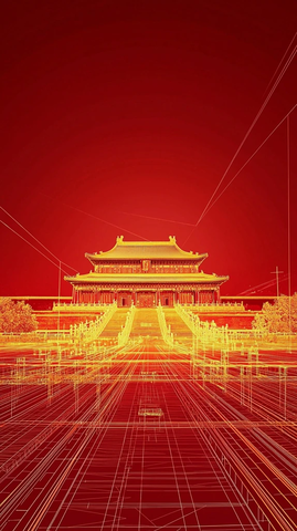 以线条勾勒的宏伟古建筑宫殿全景