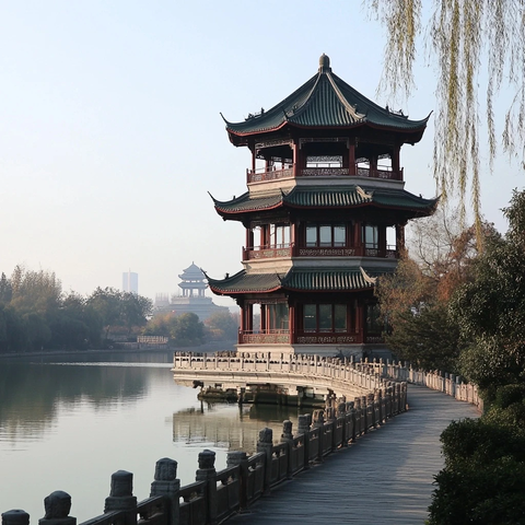 水边古色古香的多层中式楼阁建筑