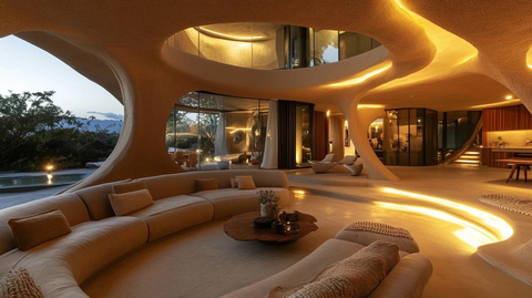 雕塑墙体与圆形座椅客厅