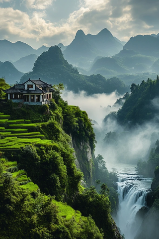 山间小屋伴梯田瀑布云雾缭绕的自然美景