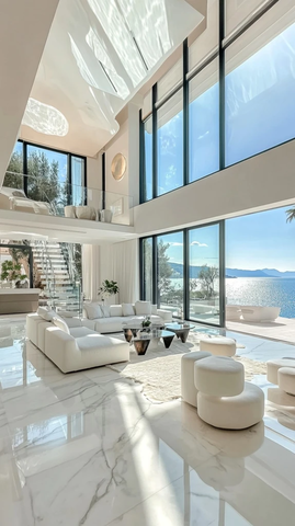 高天花板客厅全景海景