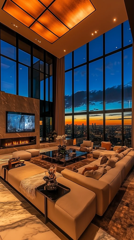 客厅沙发电视壁炉天窗夜景观