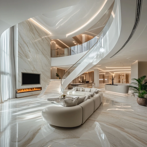 曲线楼梯与大理石壁炉设计