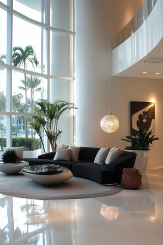 灰色墙壁黑色沙发现代客厅