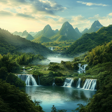 山间瀑布群自然风景图