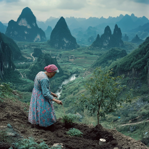 山间劳作的老年妇女种植树苗的场景