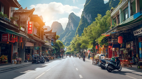 充满生活气息的街道及背后的秀丽山景