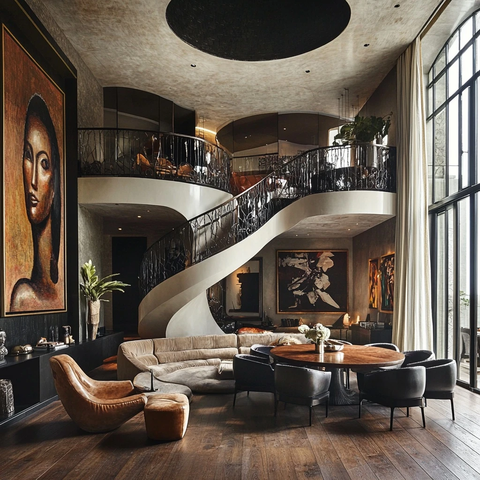 木地板圆楼梯客厅餐桌椅