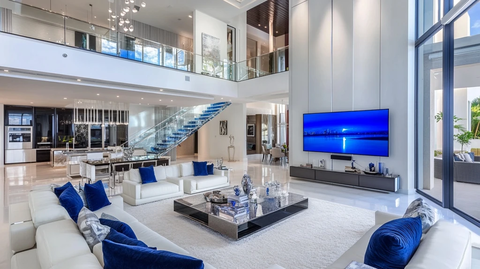 蓝色白色客厅玻璃楼梯高天花板