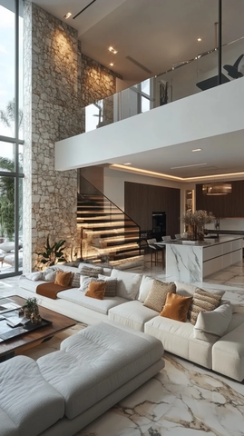 大理石地板与高天花板客厅