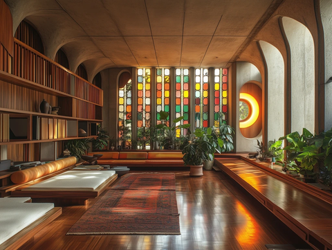 彩色玻璃窗自然木墙图书馆