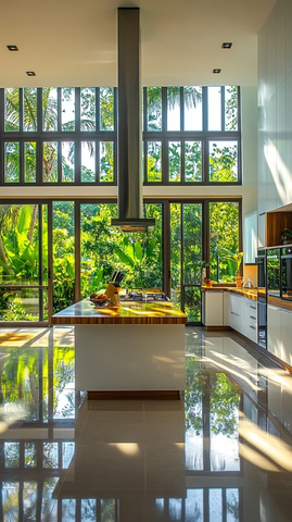 木制吧台白色橱柜自然光厨房