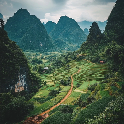 山间梯田与村落的自然风景