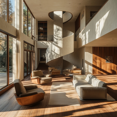 螺旋楼梯与大窗户的客厅