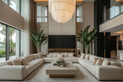 高天花板客厅白色沙发石咖啡桌