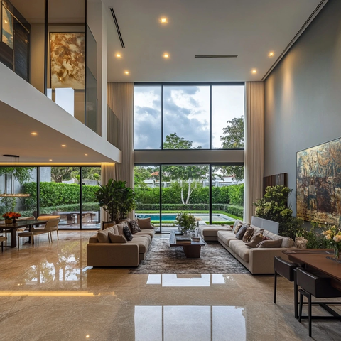 客厅双高窗景餐桌吊灯优雅