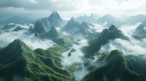 云雾缭绕的群山风景俯瞰全景