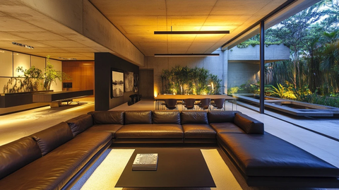 深色皮沙发与玻璃墙客厅