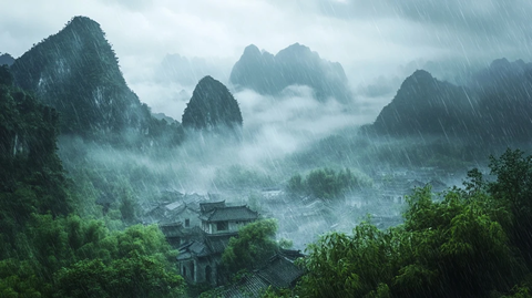 雨中的山村云雾缭绕的山水风景