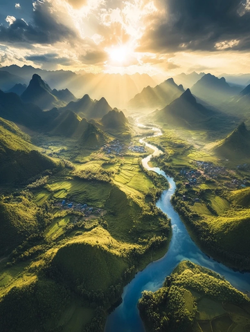阳光照耀下的山川河流壮丽景观