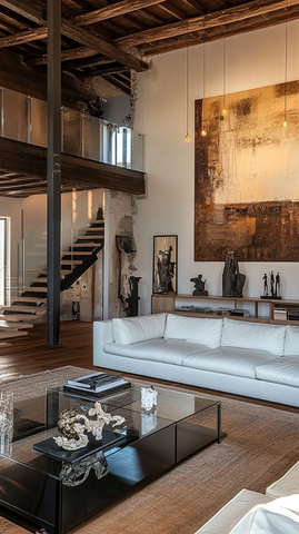 白色皮沙发与雕塑艺术品