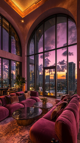 粉色顶层公寓夜景城市