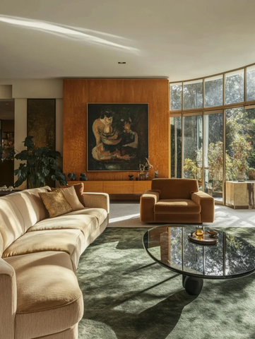 曲墙多窗客厅沙发地毯油画