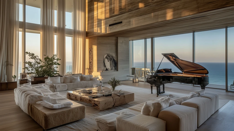 玻璃钢琴与海洋景观客厅