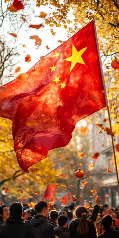 飘扬的中国国旗与人群组成热闹场景