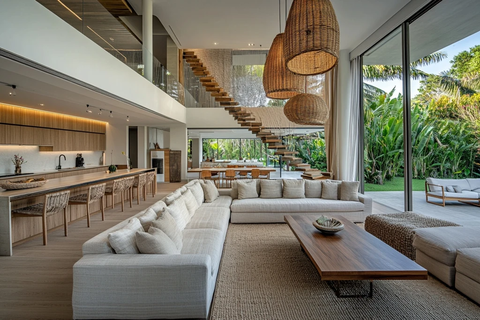 开放式客厅竹编装饰全景窗