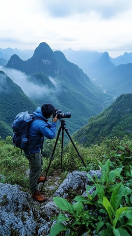 摄影师在山间架起三脚架进行拍摄