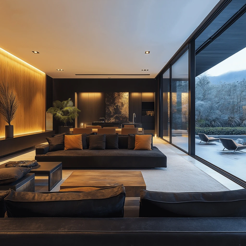 黑色皮质沙发与家居装饰