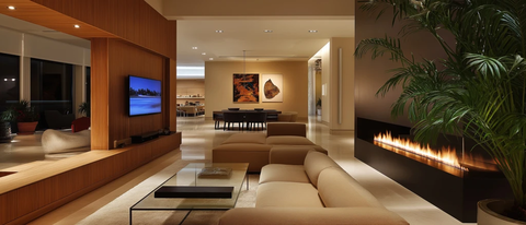 现代简约客厅黑石壁炉与木墙