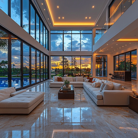 高天花玻璃窗客厅晚景