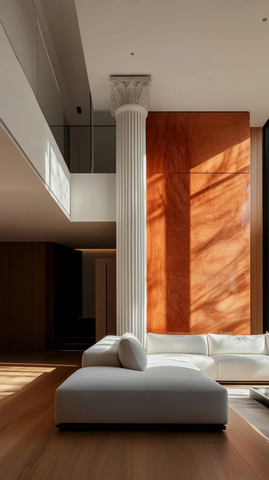 玻璃圆柱客厅白墙红石材