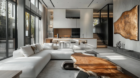 白色灰色调客厅厨房一体空间