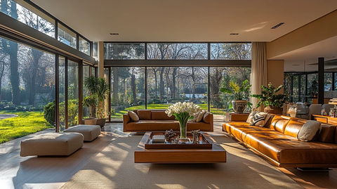 阳光客厅皮质沙发白地毯