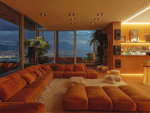 城市海景客厅沙发吧台音响