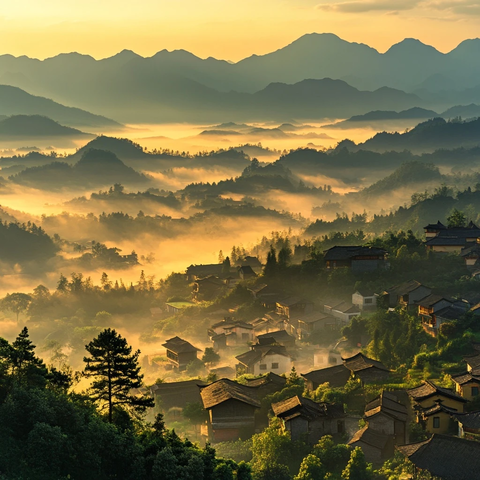 山村晨景图云雾缭绕的山间村落