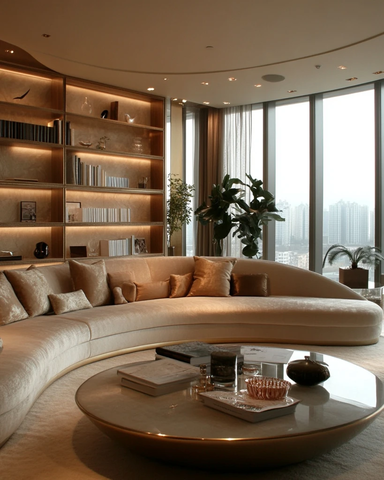 灰色弧形沙发与金色书架